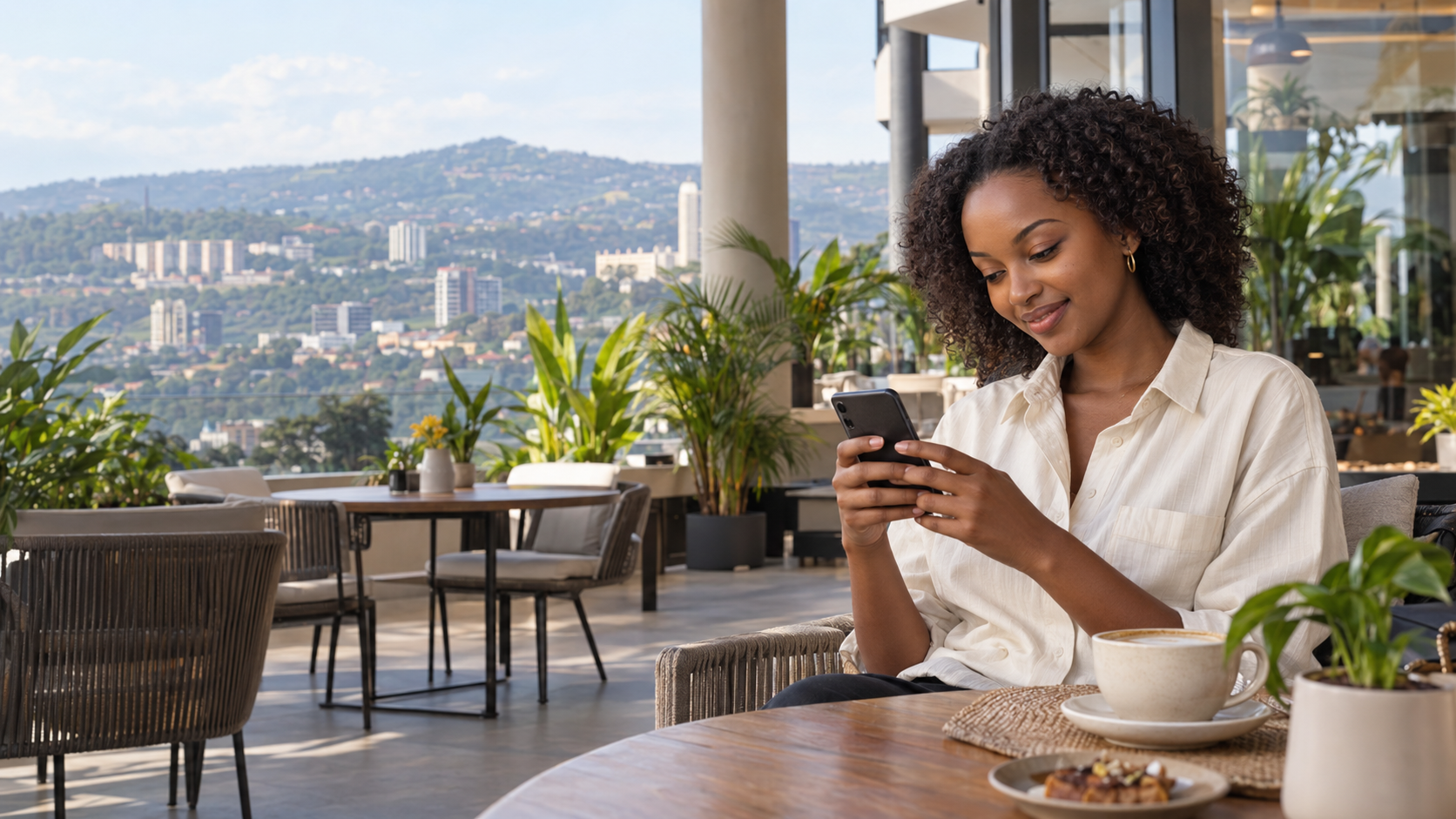 A woman enjoying a quiet moment with her phone on a leafy café terrace in Kigali